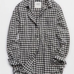 Aerie Anytime Fave Flannel Black and White Checkered Button-Up Shirt